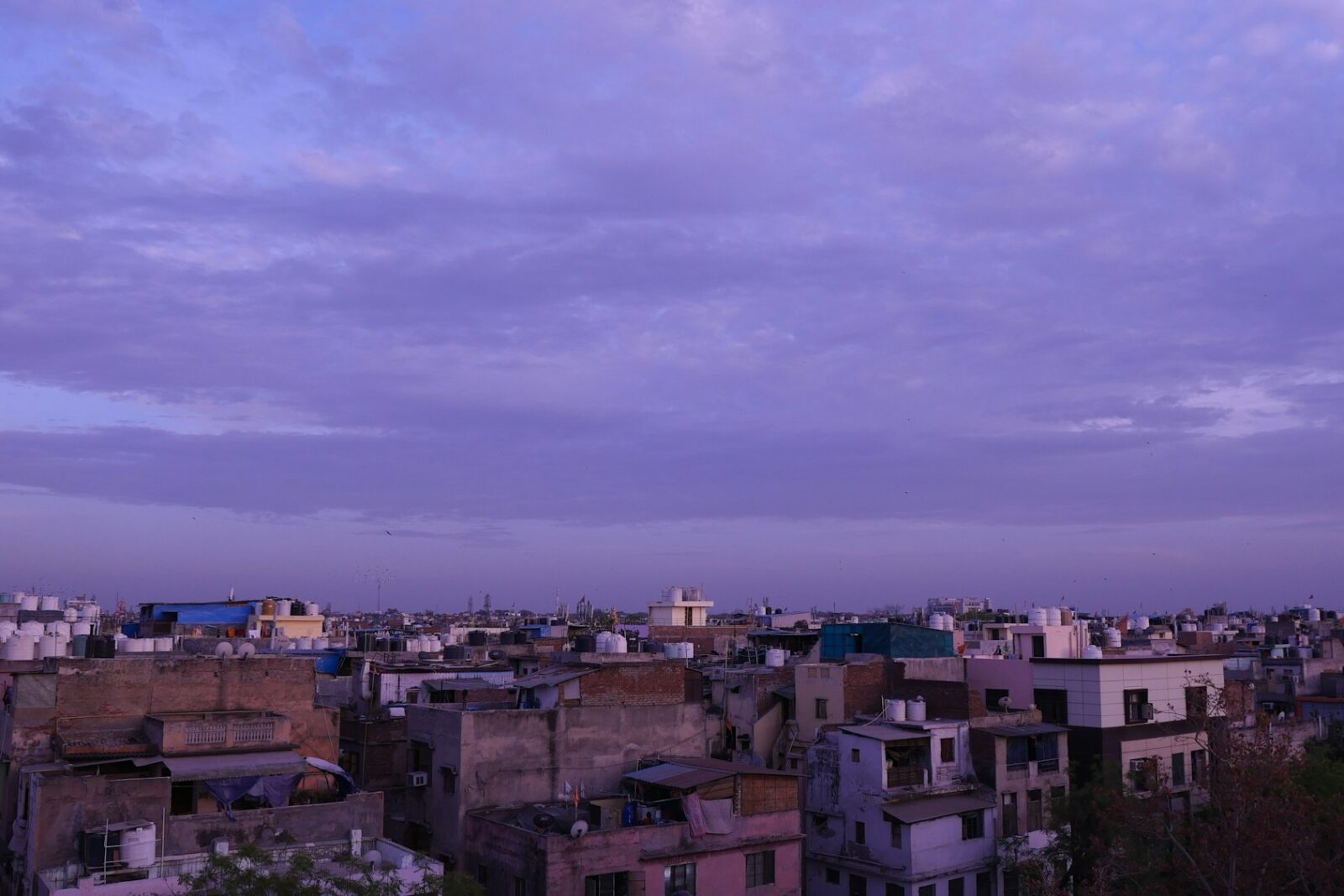 Top Colleges For B.com (Hons.) In Delhi University Rooftops of a dense residential neighbourhood under a purple evening sky