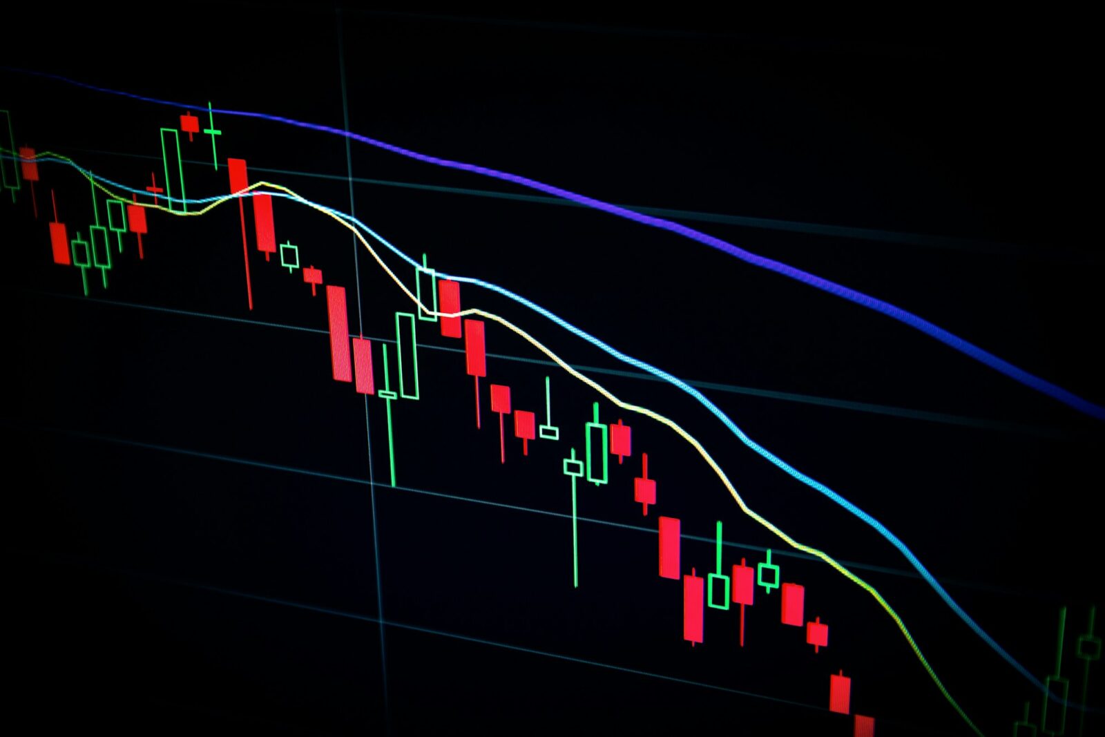 A candlestick price chart glowing on a dark trading screen