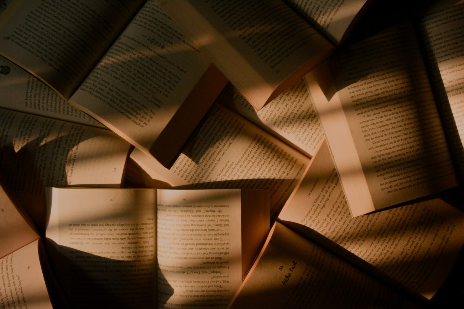 Close-up of a row of old brown books with worn spines