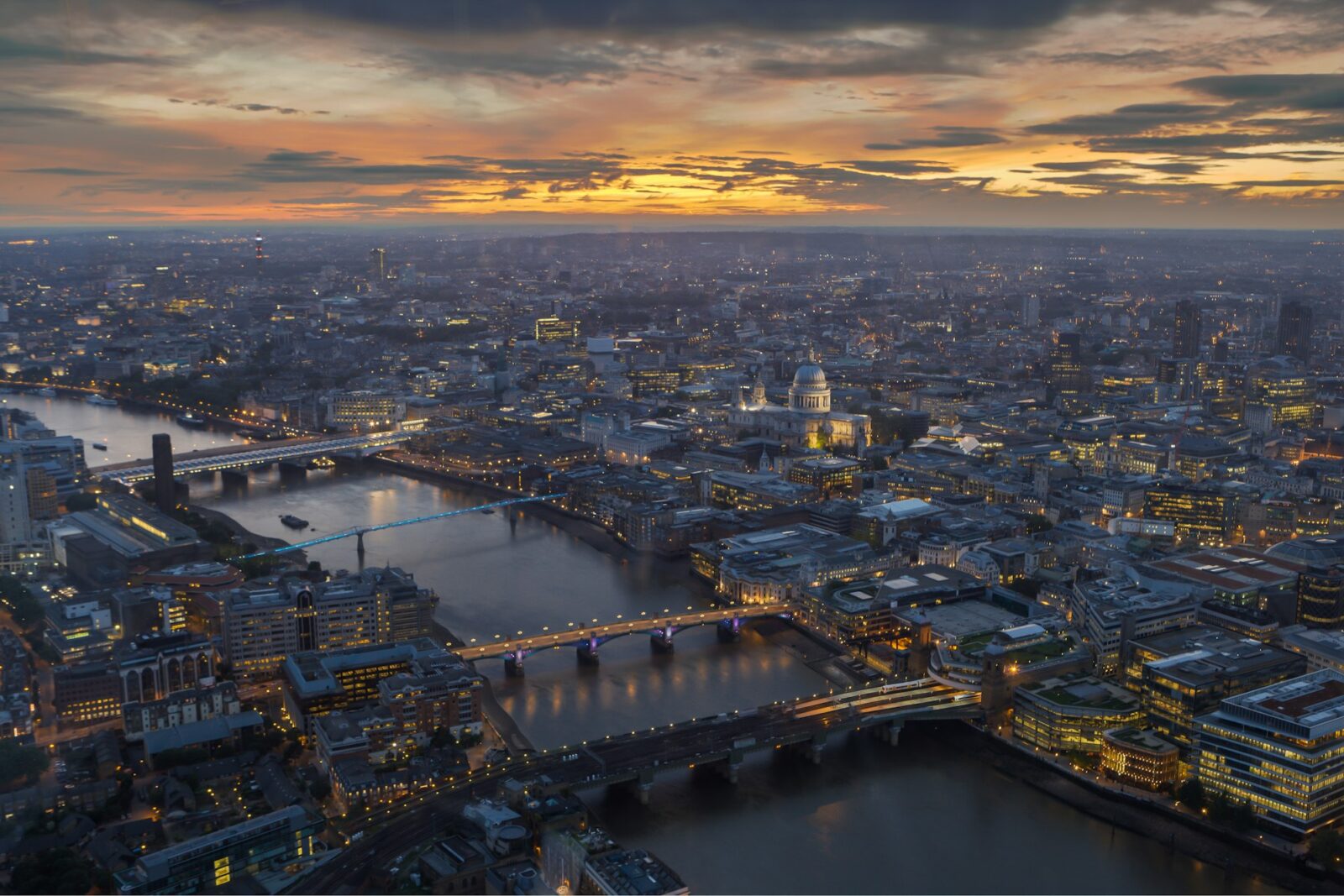 Aerial view of the River Thames winding through central London