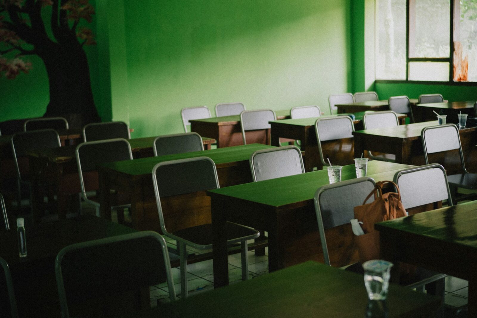 Rows of empty green and white classroom chairs against a green wall