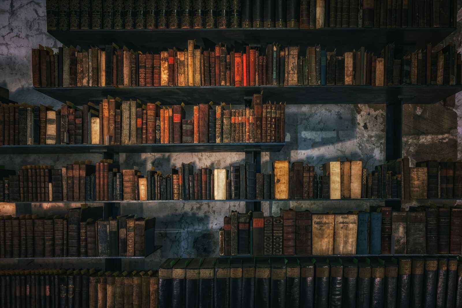 Brown wooden bookshelves filled with rows of books