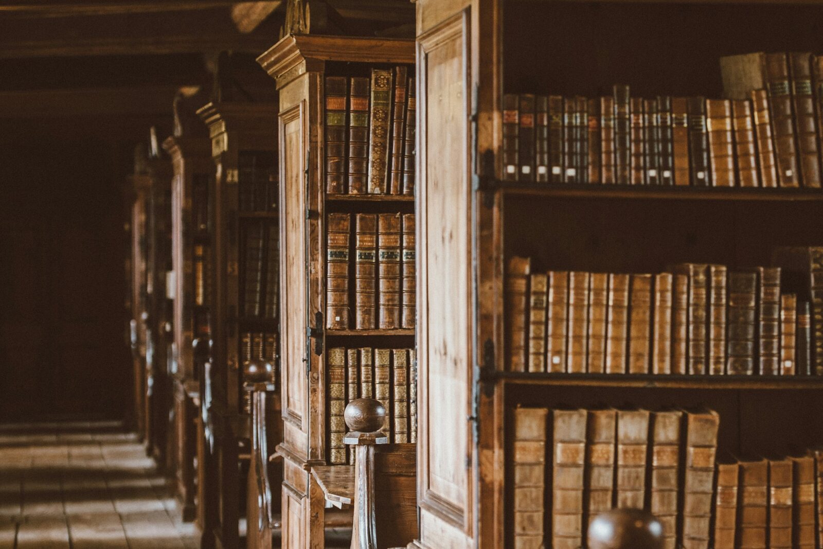 An Insight Into The World’s Best Biographies Of All Time Rows of old leather-bound books on the wooden shelves of a historic library