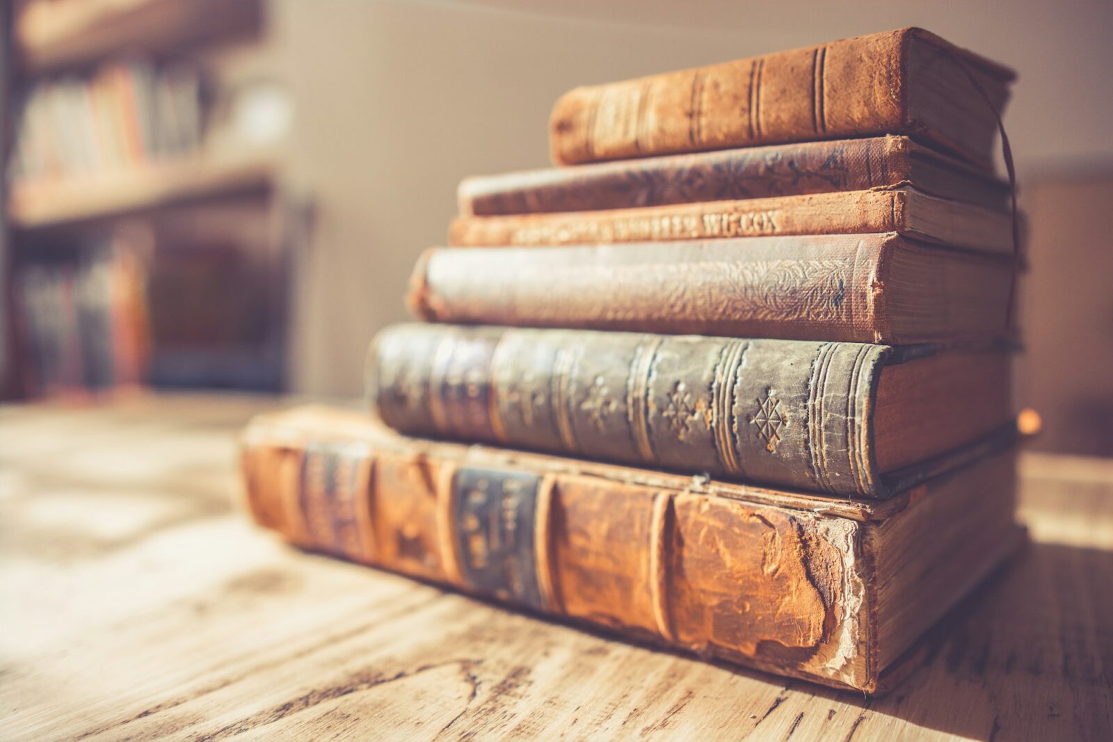 Stack of six brown leather hardbound books