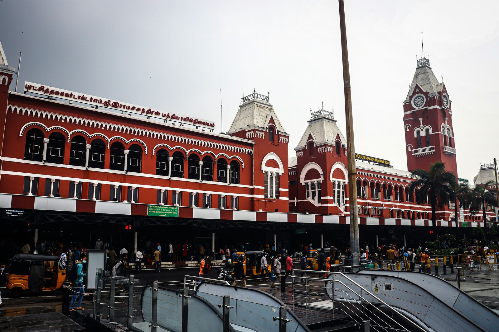 Chennai Central railway station, a red and white building with a clock tower